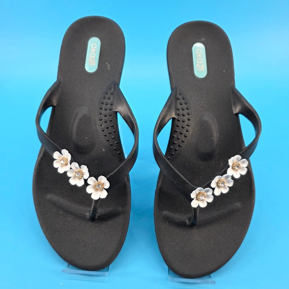 Oka-B Womens Black Floral Rhinestone Thong Sandals Flip Flops Size 7 US 37 EU